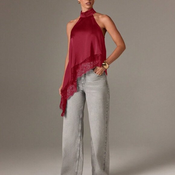 Burgundy elegant Women's Sleeveless High Neck Lace Trim Asymmetric Satin Top - Picture 3 of 5